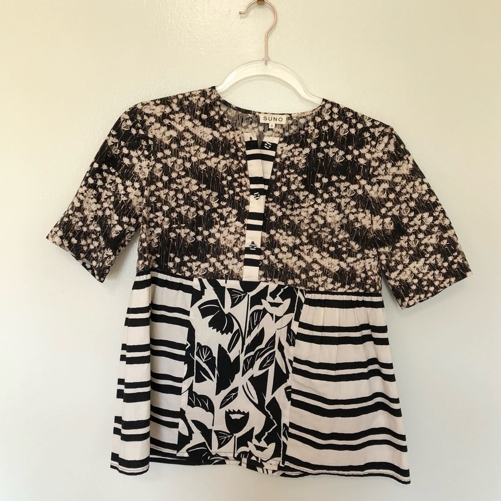 Suno Mixed Pattern Peplum Babydoll Popover Top Short Sleeve Cotton 2
